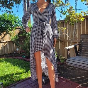LUCCA Black & White Gingham Wrap Style Hi Low Midi Women's Dress Size Small